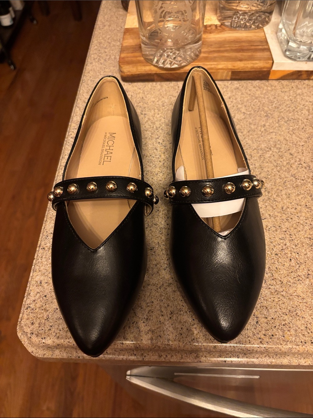 NEW Michael Shannon Black Pointed Leather Studded Flats